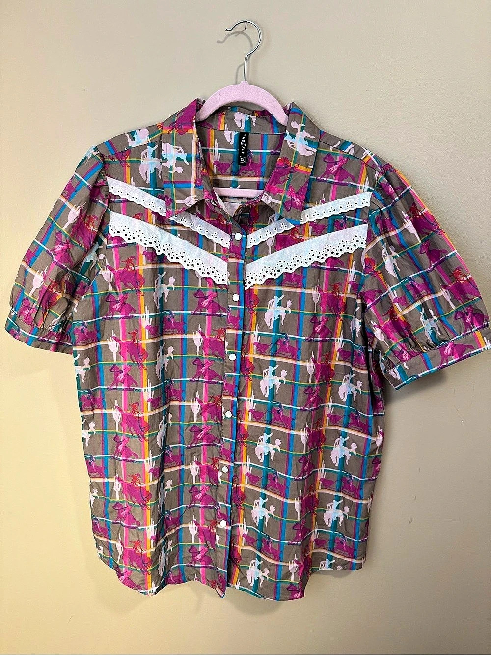 2 FLY CO Women's Western Horse Cactus Pink Plaid Pearl Snap Eyelet Shirt XL